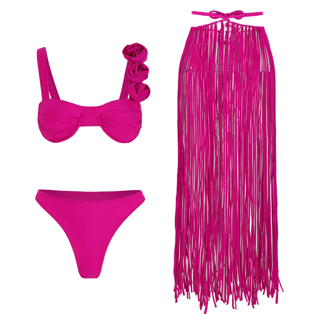 Brownm Solid-Color Bikini Three-Piece Split Swimsuit Women 2025 New Tuxedo Rope