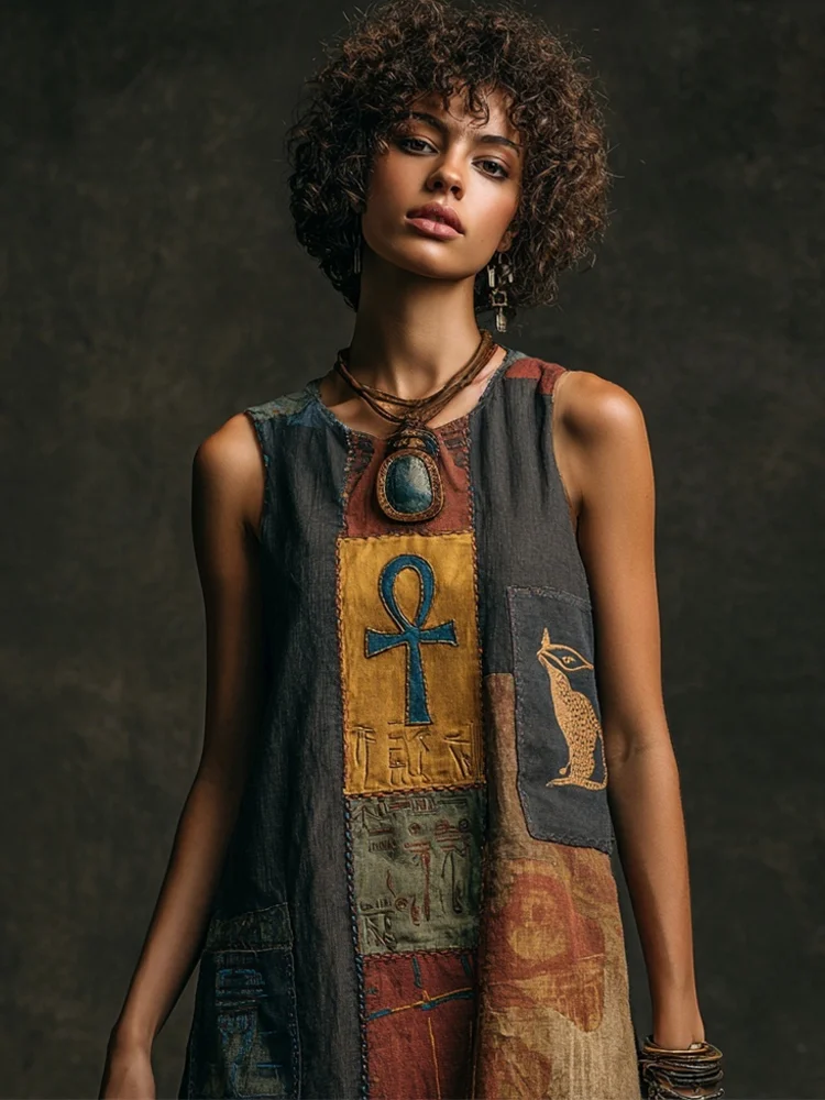 Egyptian Ankh Vintage Pattern Women's Vest Maxi Dress
