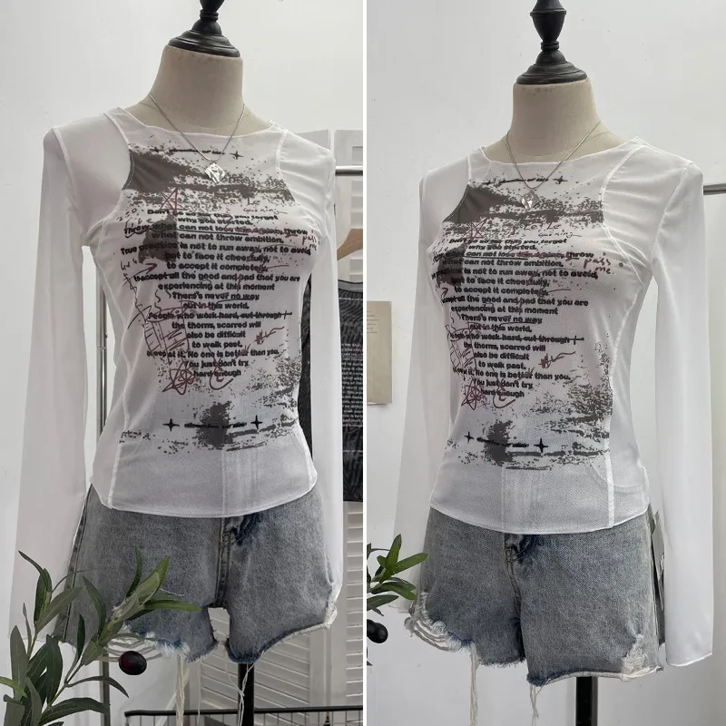 Brownm Graffiti-Printing Mesh T-Shirt 2024 Vintage Spice Girls Slime Long-Sleeved Hooded Top 13213