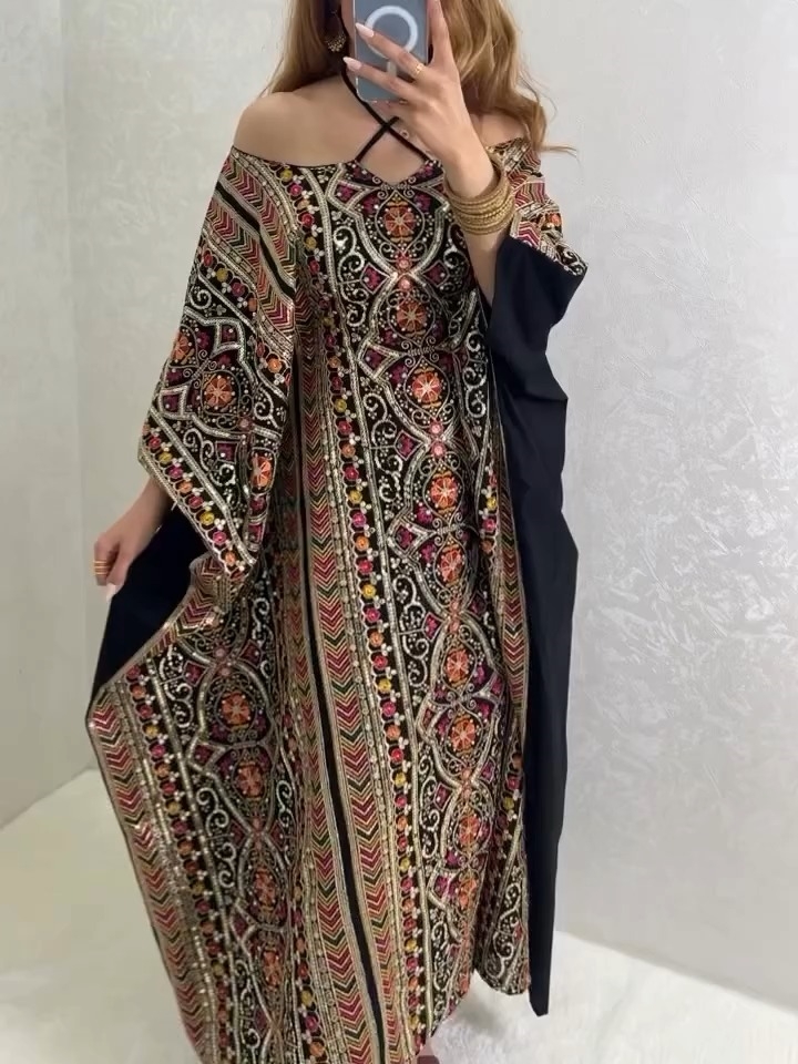 Floral Pattern Halter Strapless Batwing Sleeve Jalabiya | Oxredo Shop Ramadan Sale