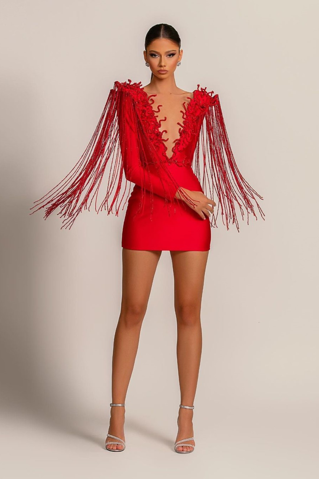 Evening Dress Short Red V Neck Tassel Sexy Long Sleeves YL0151