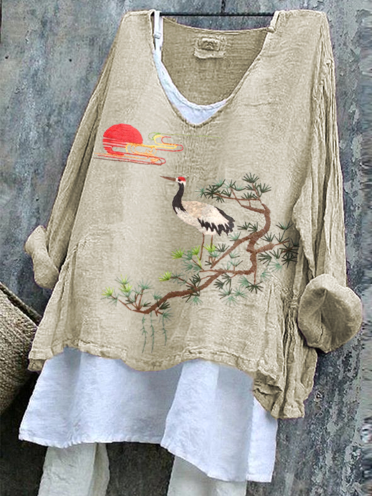 Comstylish Pine Trees Sunrise Landscape Embroidery Pattern Cozy Cotton Linen Shirt