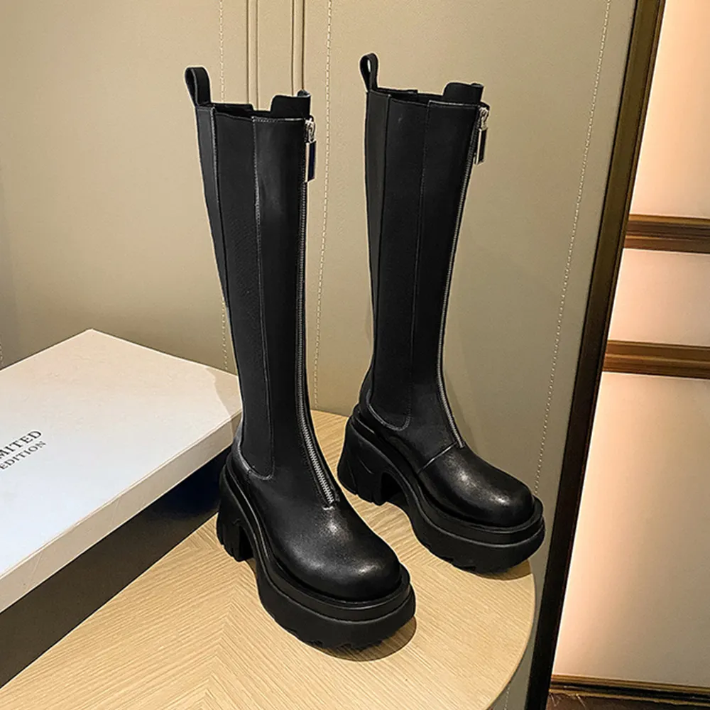 80mm Round Toe Thick-soled Front Zipper Boots-vocosishoes