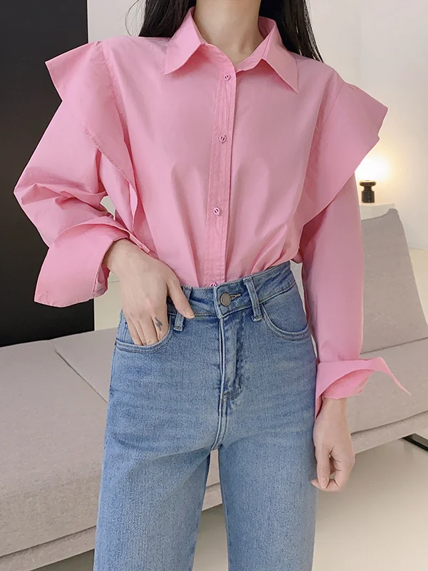 Long Sleeves Roomy Pure Color Split-Joint Lapel Blouses&Shirts Tops
