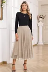 Women's Elegant Apricot Tulle Mesh Overlay Flared Midi Skirt