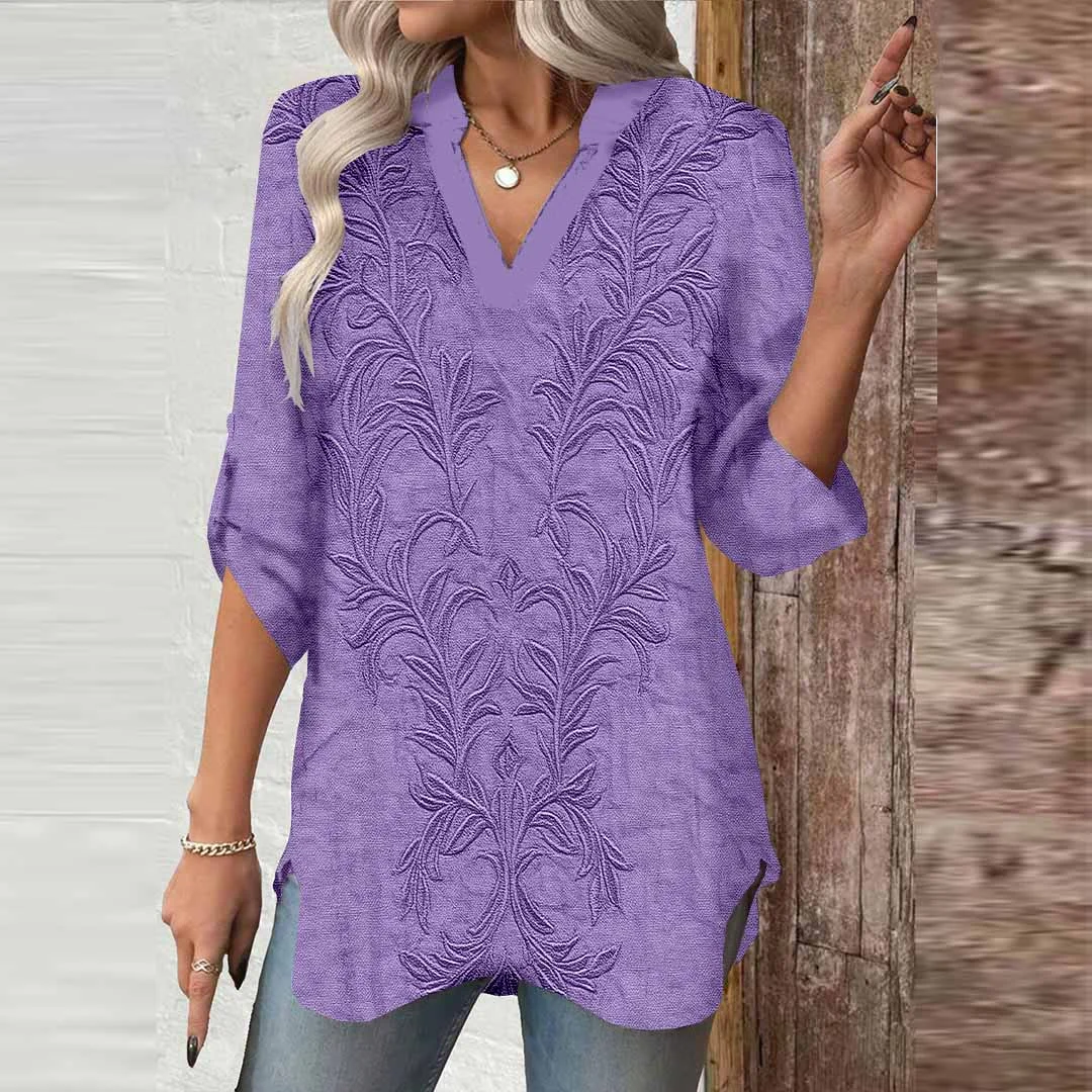 Women Retro,Purple,Floral DZGA0626 3/4 Sleeve V-neck Printed Graphic Button Tops