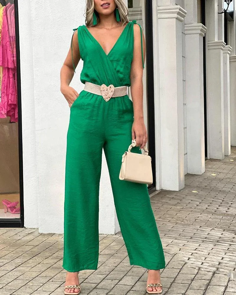 Solid V-Neck Sleeveless Lace-Up Jumpsuit