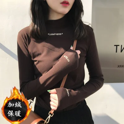 Uveng Uveng Spring 2024 Half Turtleneck Jacket Bottom Shirt Women's Letters Embroidered Slim Students Solid Color And Velvet Long Sleeve T-Shirt Women