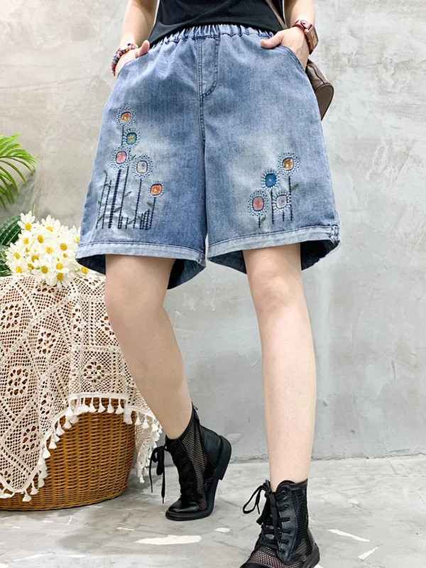 Casual High Waisted Embroidered Denim Shorts