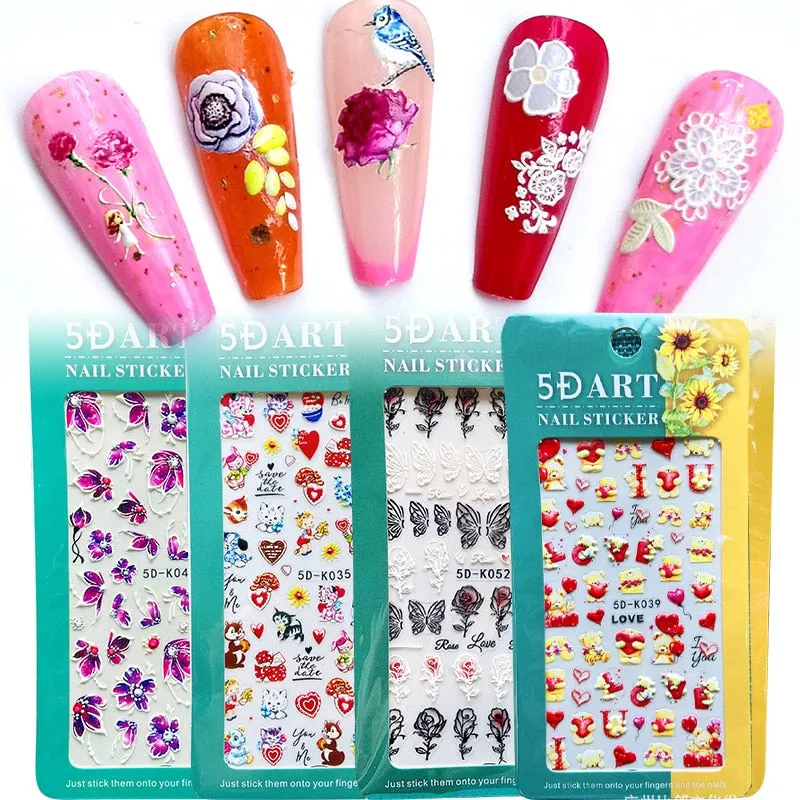5D Embossed Nail Art Stickers Butterfly Rose Animal Design Flowers Lace Gel Decals Acrylic Engraved Sliders Manicure Art Decora-Nail Inspo