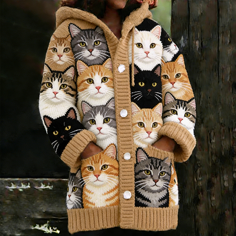 Cat Cat Jacquard Knitted Hooded Cardigan wearshes