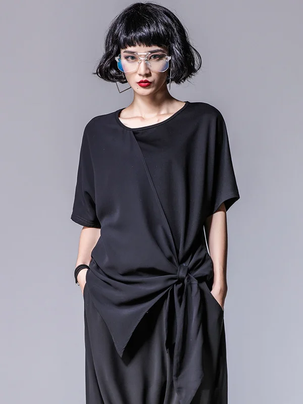 Asymmetrical Roomy Round-Neck Modal And Chiffon T-Shirts Tops