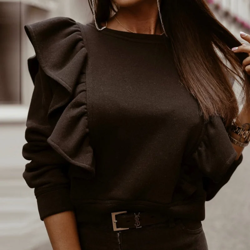 Women Autumn Winter Long sleeve Ruffled Thick Shirts Casual Solid Color O Neck Pullovers Tops Ladies Fitted Fleece Streetwear
