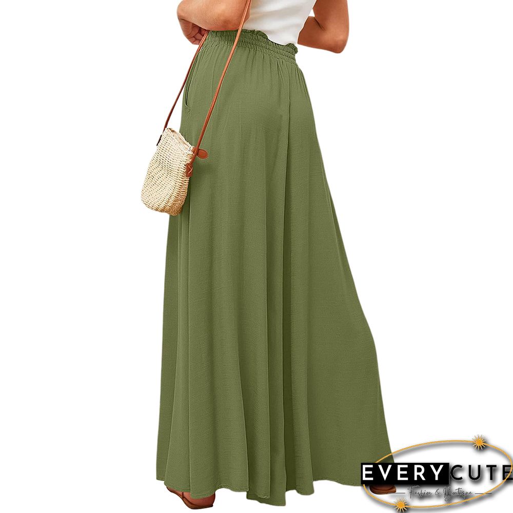 Light Green High Waist Elastic Waistband Long Culottes