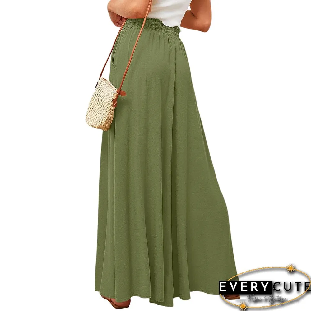 Light Green High Waist Elastic Waistband Long Culottes