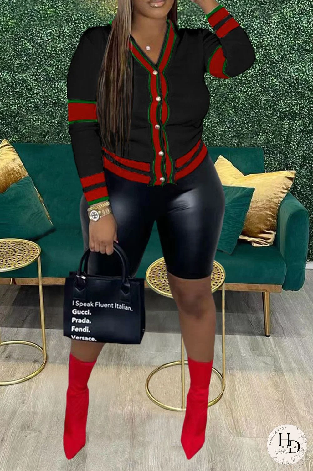 Red Casual Print Patchwork Buttons Tops