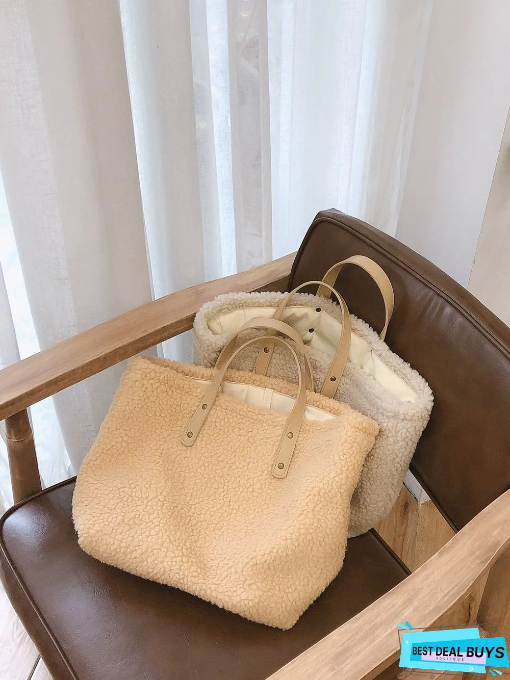 Pure Color Lambswool Large Capacity Handbag