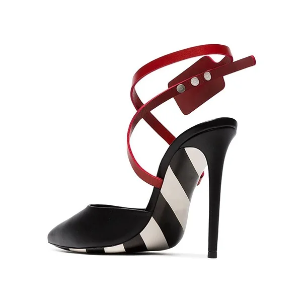Black and Red Cross Over Agraffe Stiletto Heel Slingback Pumps |FSJ Shoes