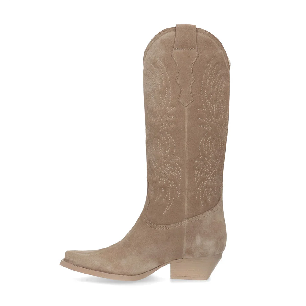 Khaki Snip Toe Chunky Heel Embroidered Mid Calf Cowgirl Boots