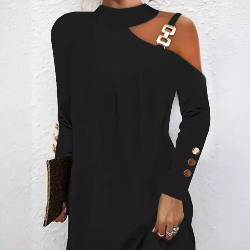 Uveng Uveng Explosion Autumn Simple Metal Buckle Hanging Neck Button Dress Women's Dress