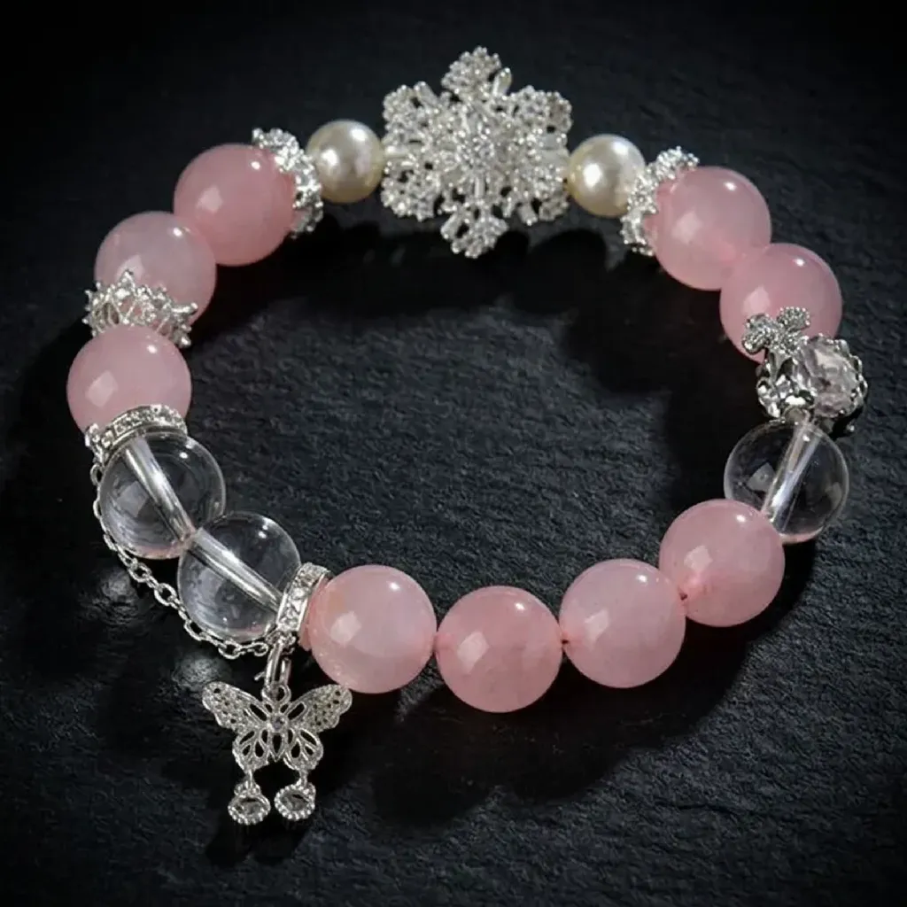 JiStones Ethereal Rose Quartz & Clear Crystal Snowflake Bracelet with Butterfly Charm Blushing Snowflake & Filigree Butterfly