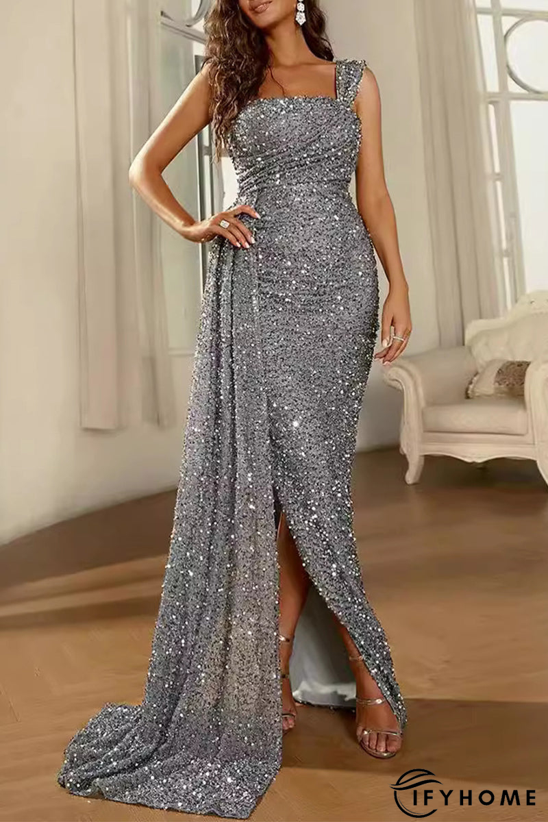 Sexy Formal Solid Sequins Slit Square Collar Evening Dresses | IFYHOME