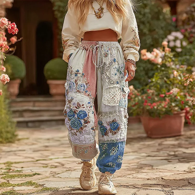 Women's Vintage Floral Patchwork Art Casual Sweatpants