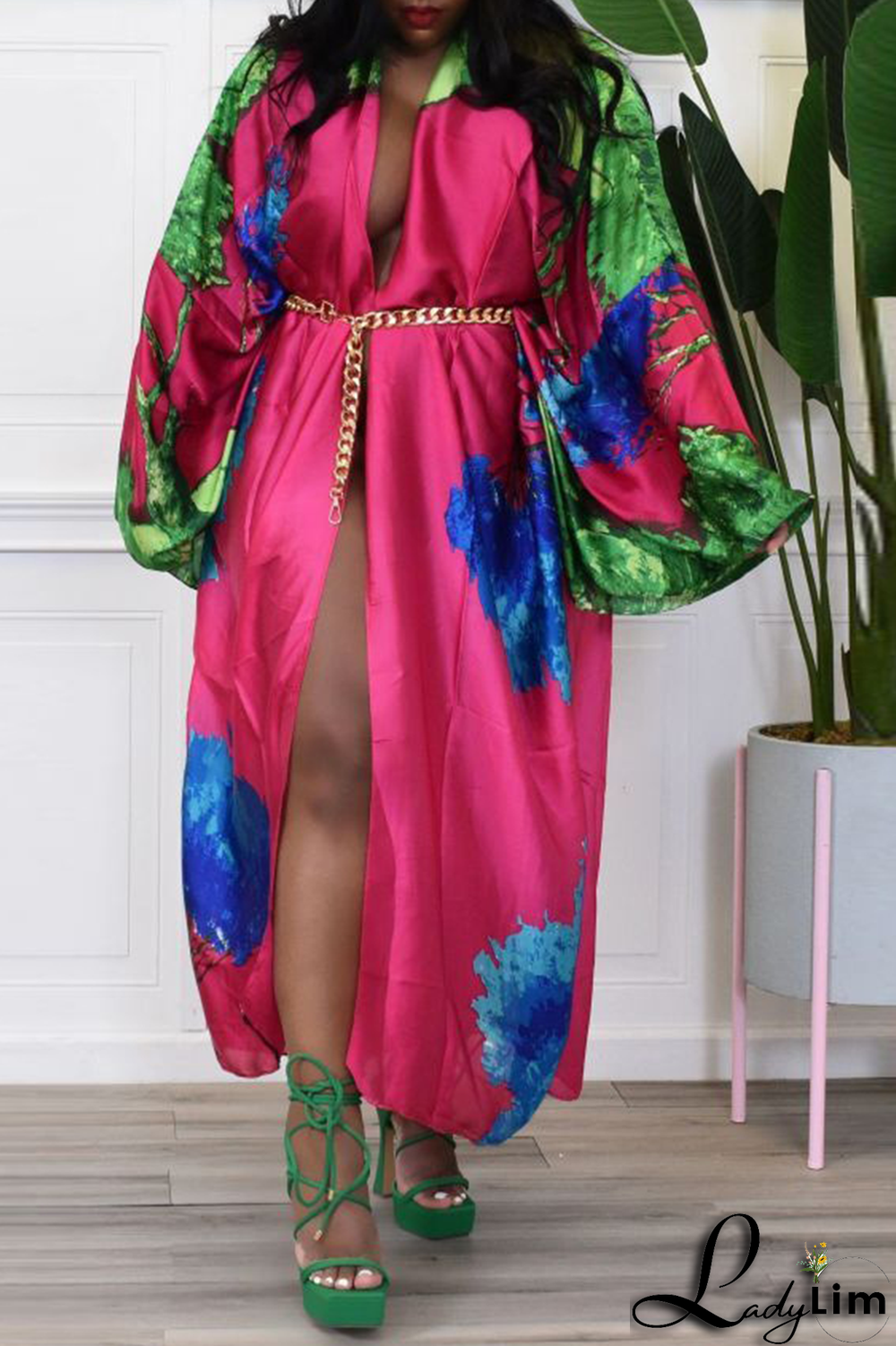 Black Fashion Print Patchwork Cardigan Collar Outerwear(Without belt)