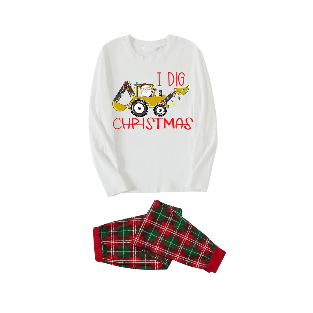 "I Dig Christmas" Cartoon Excavator Pattern White Long Sleeve with White&Red&Green Plaid Pants Family Matching Pajamas