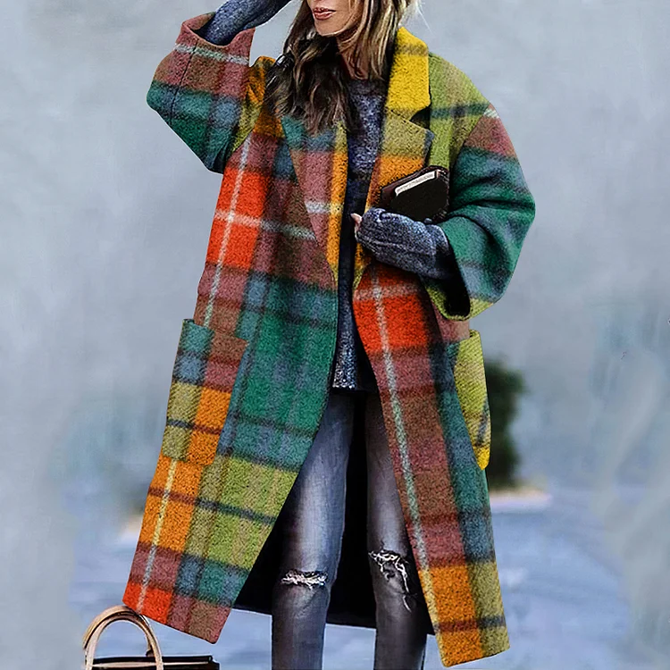 Vintage Check Print Lapel Long Sleeve Coat