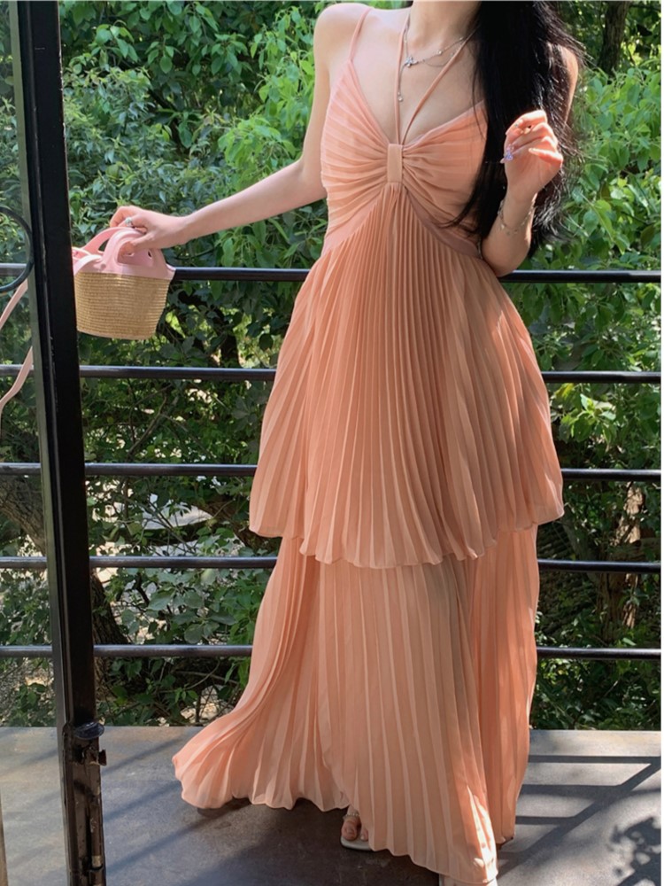 Gamezstake fall 2025 Summer Fashion Pleated Beach Long Dresses New Elegant Spaghetti Strap Vacation Ruffles Holiday Sundress Female A line Robe