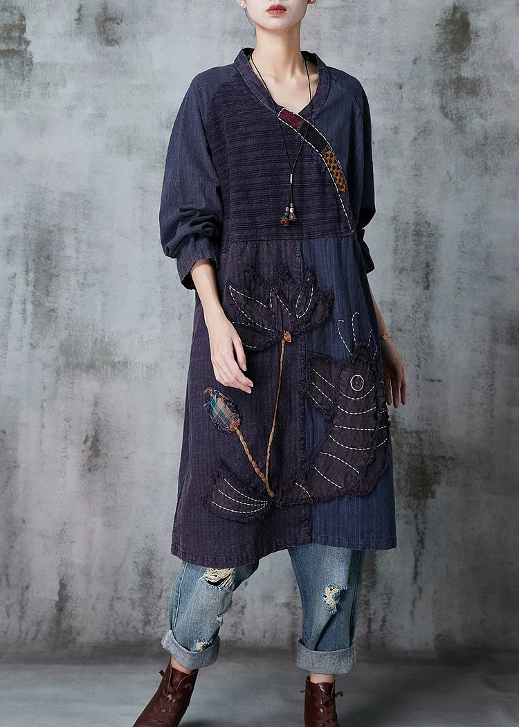 Boutique Navy Embroideried Patchwork Cotton Robe Dresses Spring