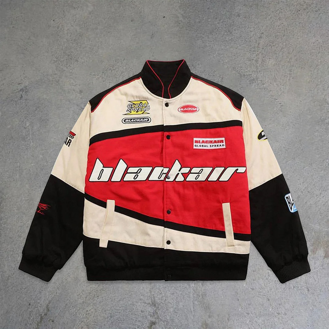 Street style statement color contrast racing jacket
