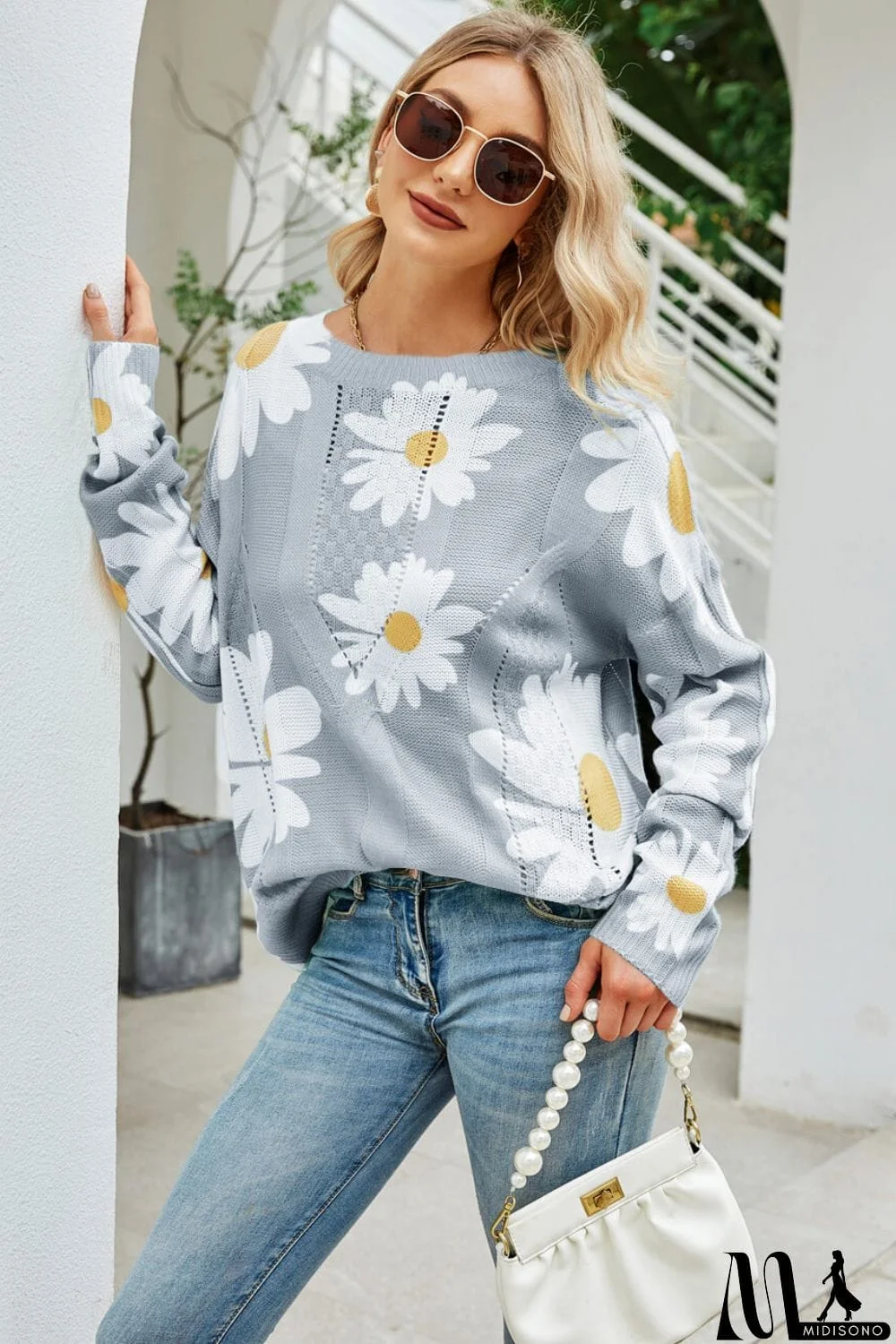 MidiSono - Daisy Print Openwork Round Neck Sweater