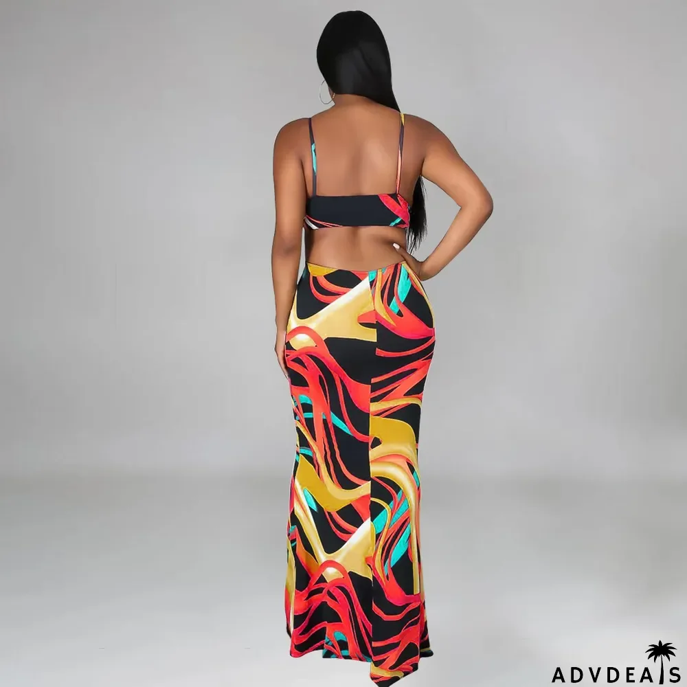 Sexy Print Sleeveless Sling Maxi Dress