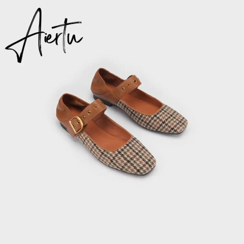 Aiertu Mary Jane Shoes New Spring Brand Women Pumps Low-heel Female Ladies Shoes Square Toe Buckle Mixed Color Retro Women Shoes Aiertu