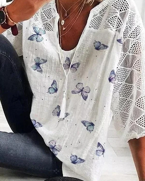 Long Sleeve V-neck Butterfly Printed Blouse with Tassel