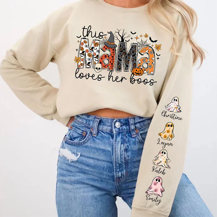 Custom This Mama Loves Her Boos Sweatshirt with Kids Name on Sleeve, Personalized Halloween Ghost Mama Hoodie, Cute Spooky Fall Shirt Gift for Mom