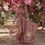 Bohème Pink Rose Sequin Light Pink V-neck Short-sleeved Dress - Image 2