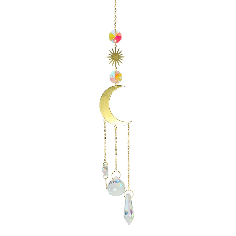 Iron Hoop Moon Sun Crystal Pendant Wind Chime Hanging Drop Garden Decor (B)