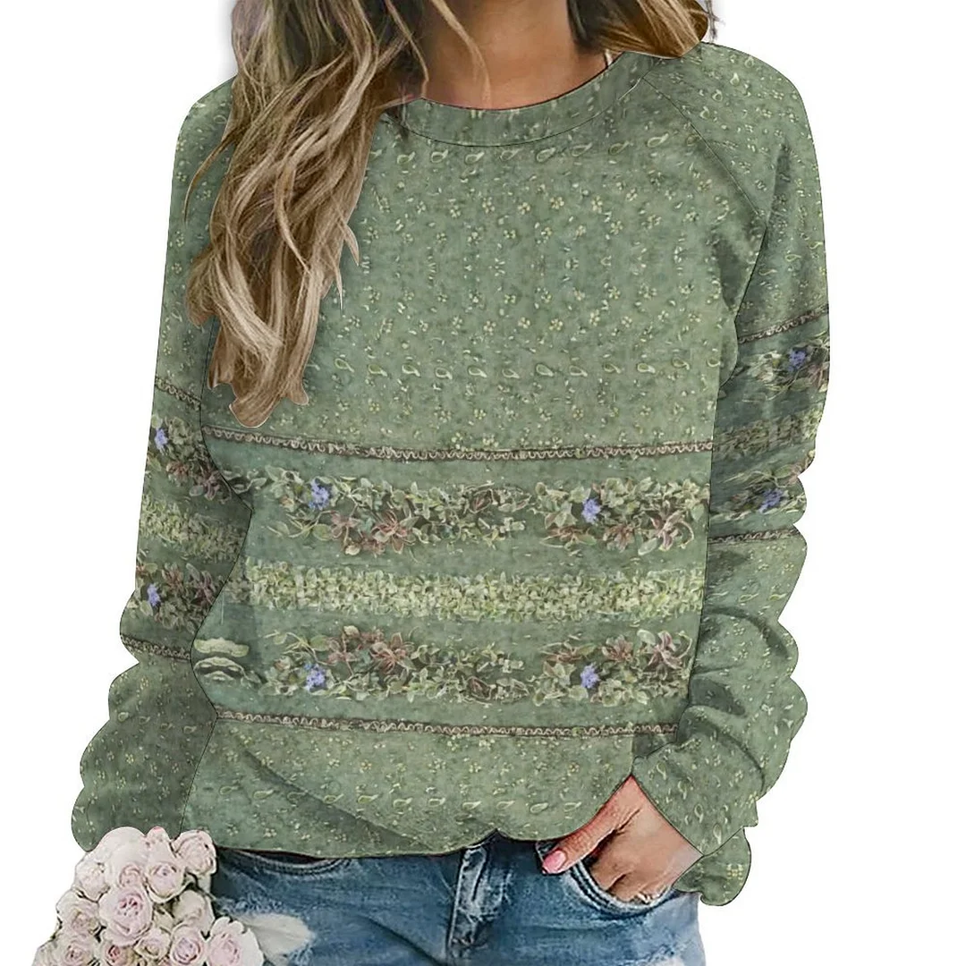 Printed Long Sleeve Casual Sweatshirt for  Women and Men Unisex Pattern Green, Floral, Vintage