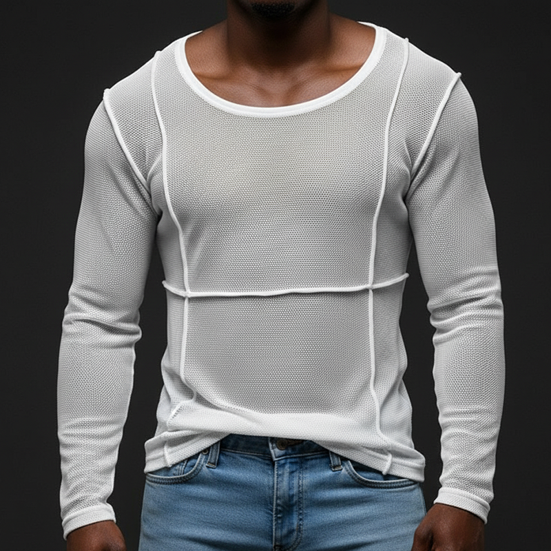 Men's White Lightweight Slightly Sheer Knitted Mesh Loose Casual Long-sleeved T-shirt-inspireuse