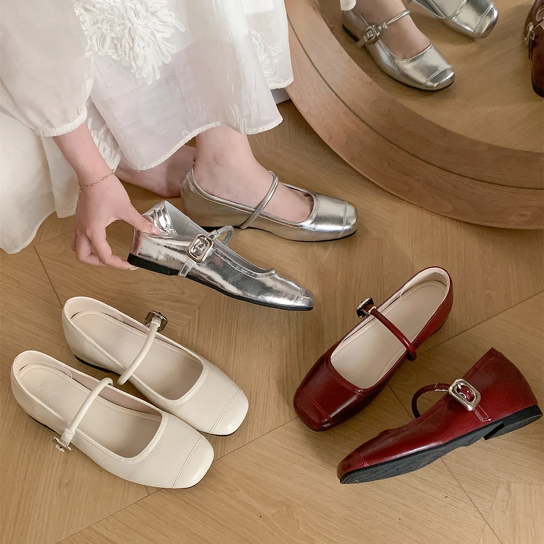 Breakj Breakj Retro Mary Jane Shoes Women Spring And Autumn Small Design Single Shoes Light-Mouthed Silver Shoes