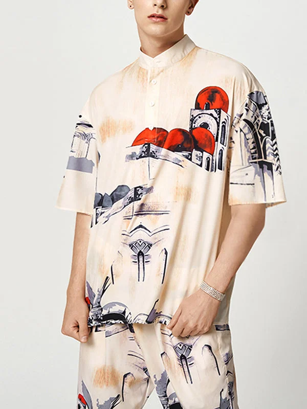 Aonga - Mens Print Stand Collar Button Short Sleeve Shirt J
