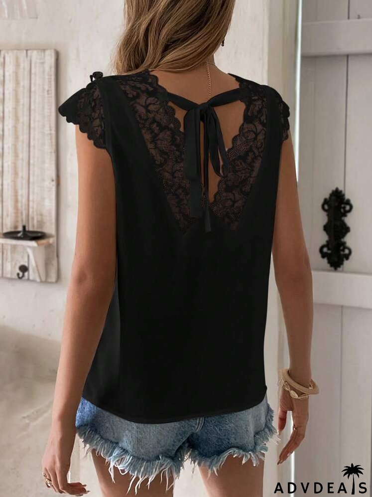 Contrast Lace Tie Back Ruffle Trim Blouse