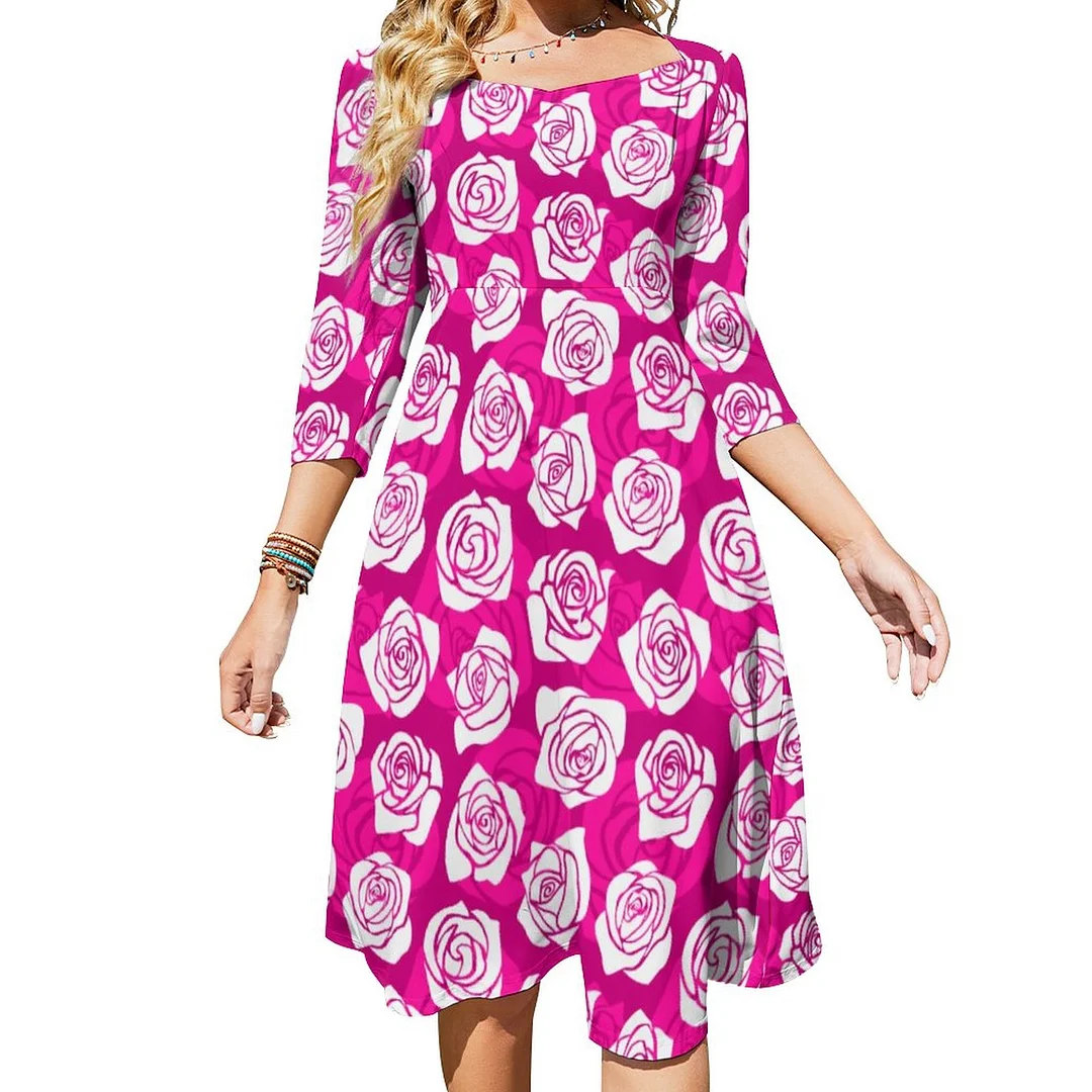 Vintage Pink Roses Insulated Water Bottle Dress Sweetheart Tie Back Flared 3/4 Sleeve Midi Dresses