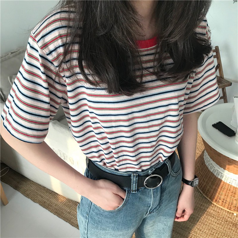 Women's Summer Casual T Shirt Short Sleeve O-Neck Korean Style Striped Loose Tee T Shirt
