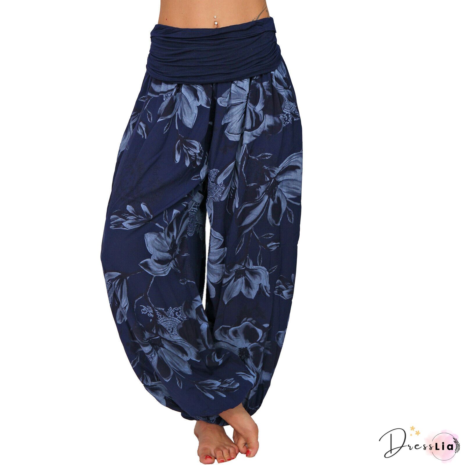 Novelty Black Print Elastic Waist Crop Harem Pants