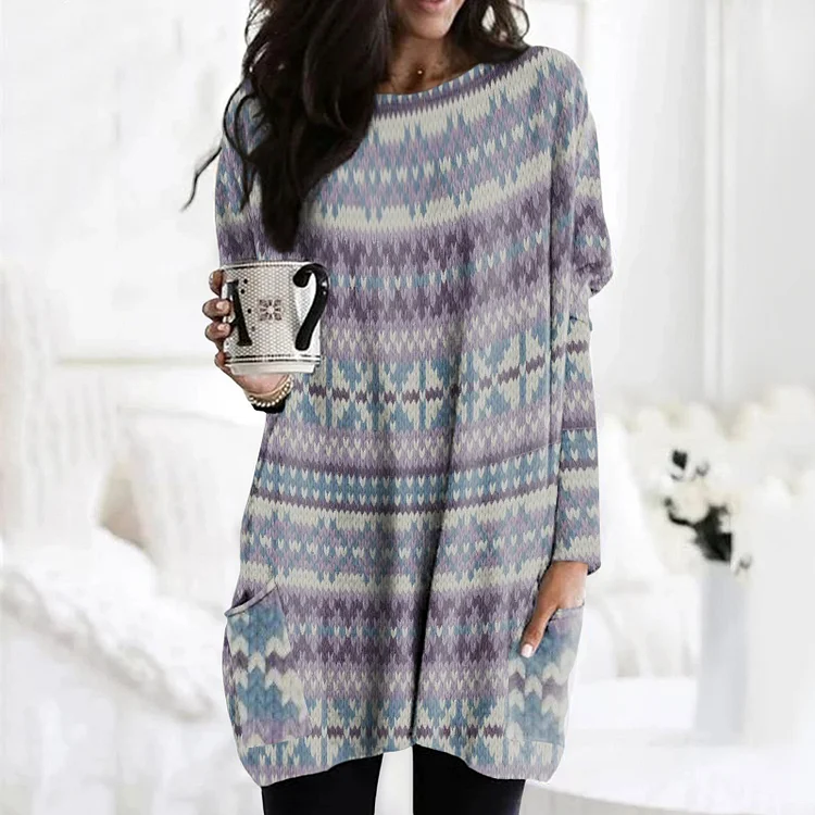 Vefave Casual Sweater Pattern Print Pocket Long Sleeves Tunic