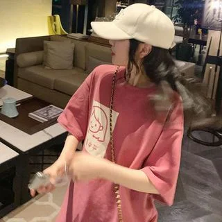 Neck Cartoon T-Shirt Elbow-Sleeve Print Crew